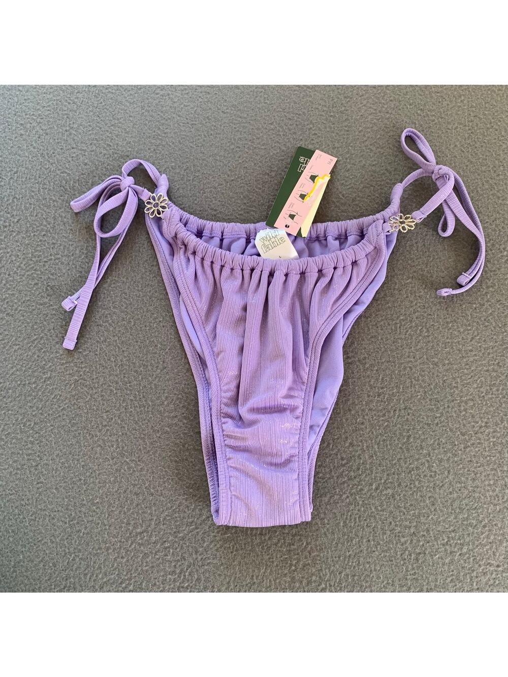 Side Tie Ruched Daisy Charm Swim Bikini Bottoms Shimmer Lavender Purple Cheeky L